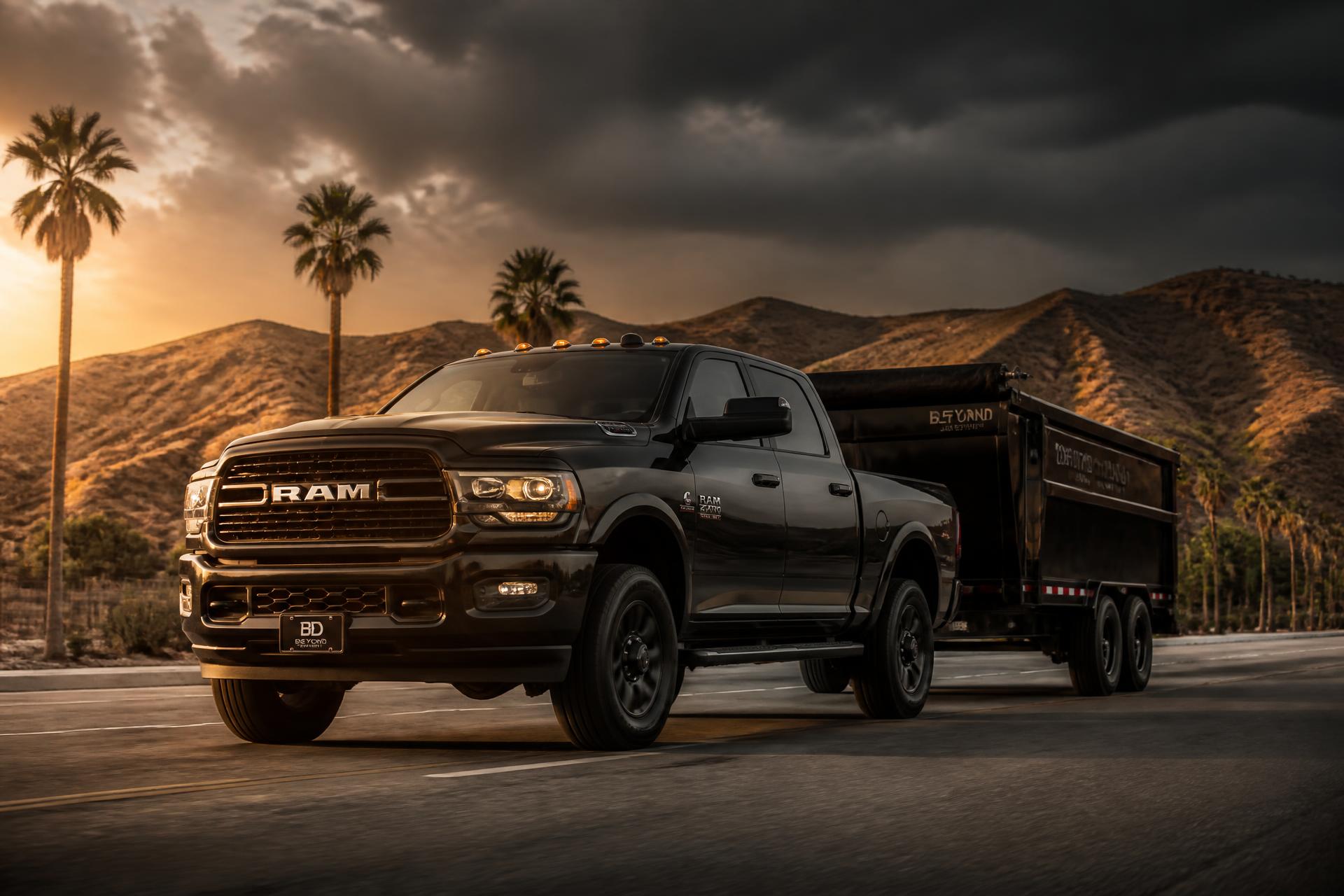 Black Ram 2500 diesel truck towing a black dump trailer through the San Fernando Valley
